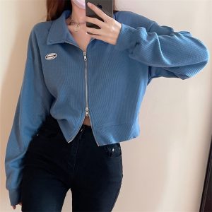 2025 Korean Style Double Zip Long Sleeve Polo Neck Short Loose Fit Top