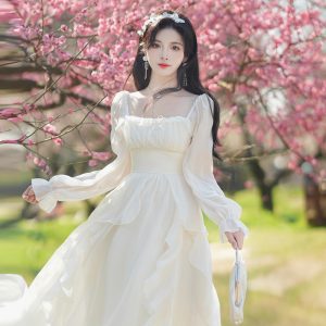 High Waist A-Line Long Dress with Square Neck and Puff Sleeves