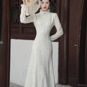 Dark Pattern Fleece Mink Fur Spliced Modified Elegant Mermaid Cheongsam Dress