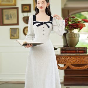 French Style Bow A-Line Long Sleeve Dress - Style 80e8de