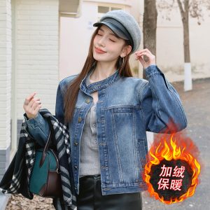 Fleece-Lined Thickened Winter Korean Style Stand Collar Denim Jacket