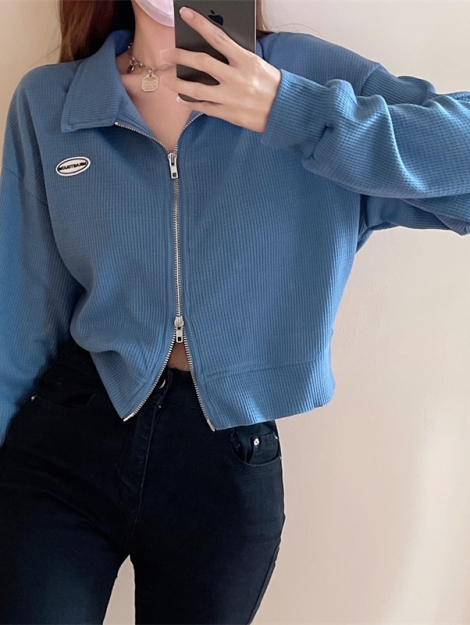 2025-korean-style-double-zip-long-sleeve-polo-neck-short-loose-fit-top