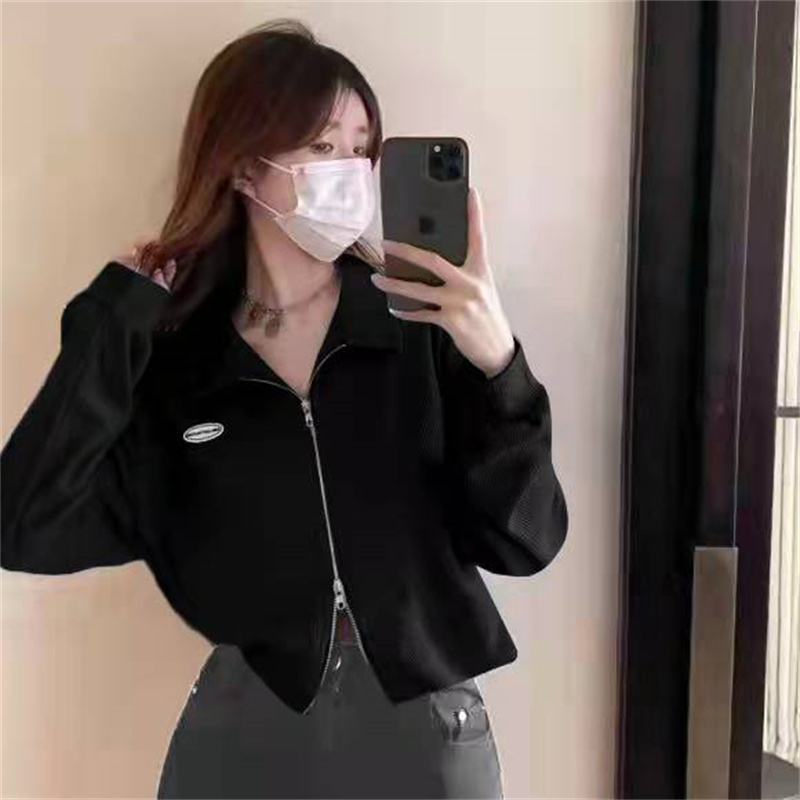 2025 Korean Style Double Zip Long Sleeve Polo Neck Short Loose Fit Top - Image 2