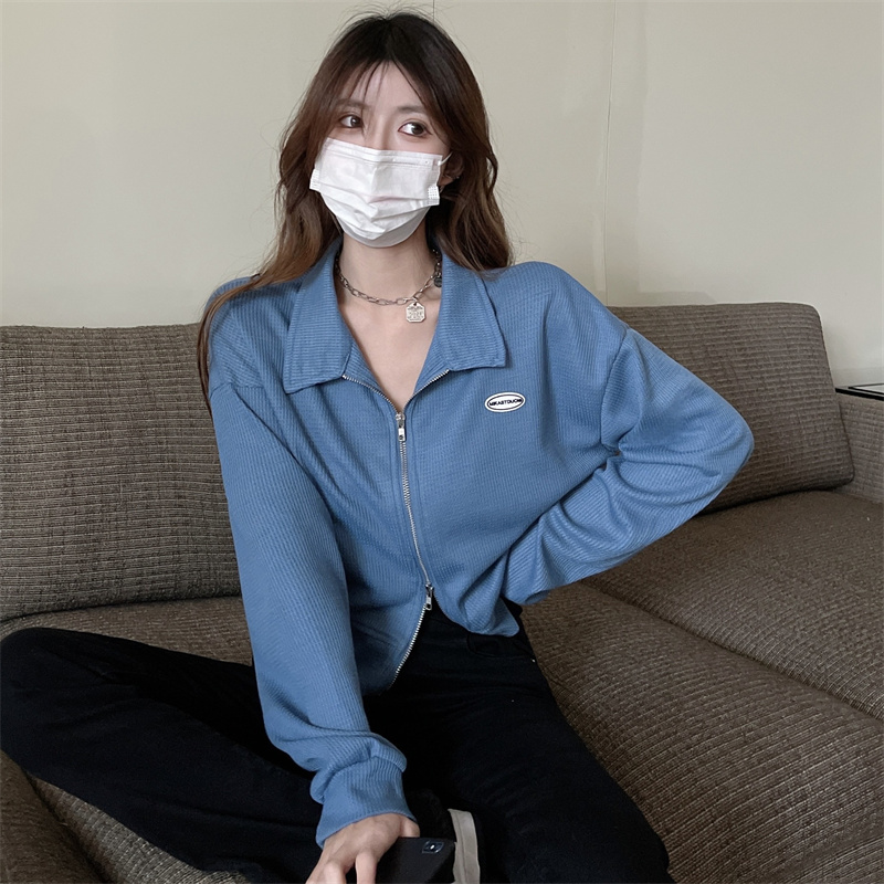 2025 Korean Style Double Zip Long Sleeve Polo Neck Short Loose Fit Top - Image 3