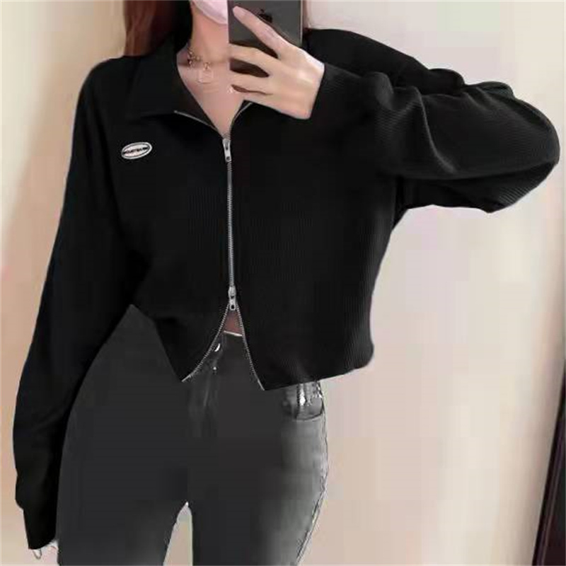 2025 Korean Style Double Zip Long Sleeve Polo Neck Short Loose Fit Top - Image 4