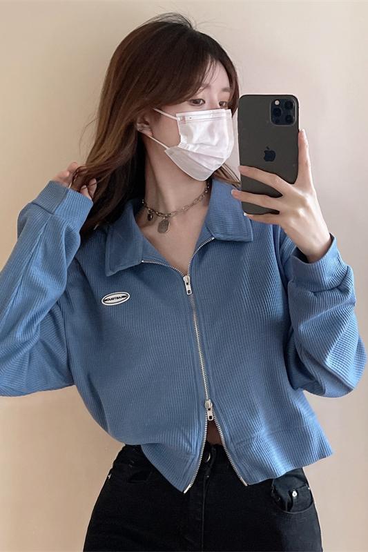 2025 Korean Style Double Zip Long Sleeve Polo Neck Short Loose Fit Top - Image 5