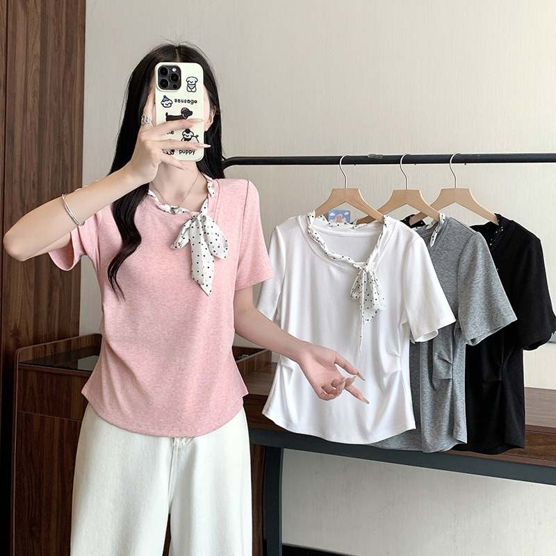 2026 Summer Plus Size Women's Polka Dot Tie Waist Short Sleeve T-Shirt