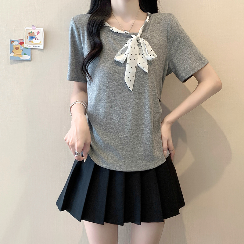 2026 Summer Plus Size Women's Polka Dot Tie Waist Short Sleeve T-Shirt - Image 4