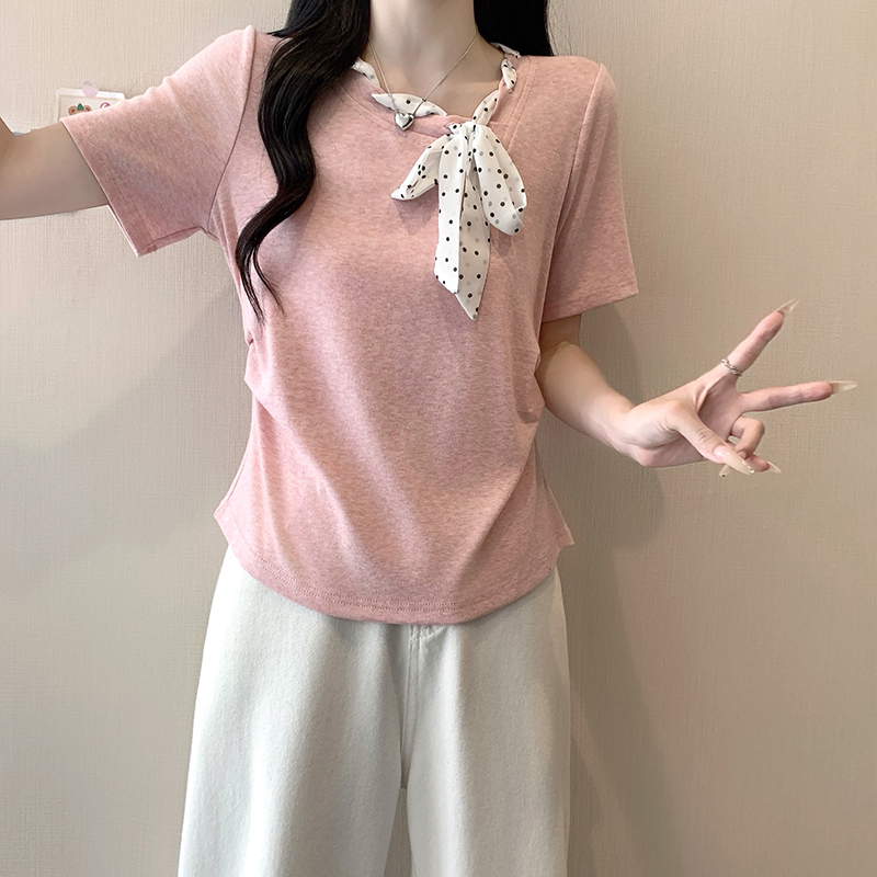 2026 Summer Plus Size Women's Polka Dot Tie Waist Short Sleeve T-Shirt - Image 5