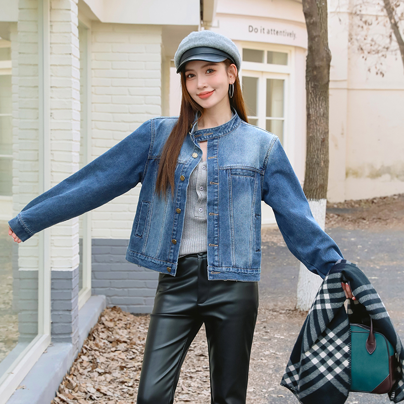 Fleece-Lined Thickened Winter Korean Style Stand Collar Denim Jacket - Image 3