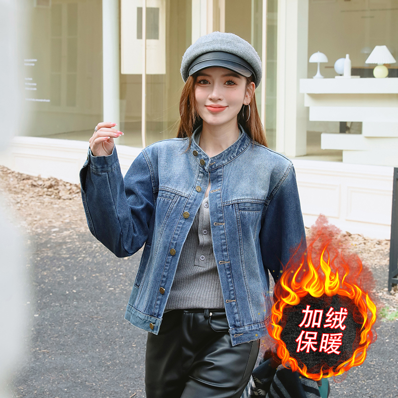Fleece-Lined Thickened Winter Korean Style Stand Collar Denim Jacket - Image 5