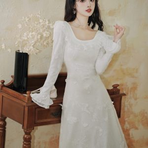 French Retro Romantic 3D Butterfly Square Neck Dress