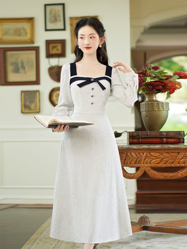 French Style Bow A-Line Long Sleeve Dress - Style 80e8de