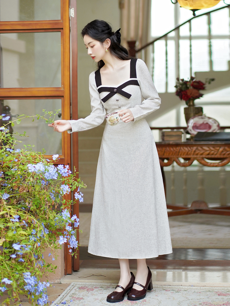 French Style Bow A-Line Long Sleeve Dress - Style 80e8de - Image 2