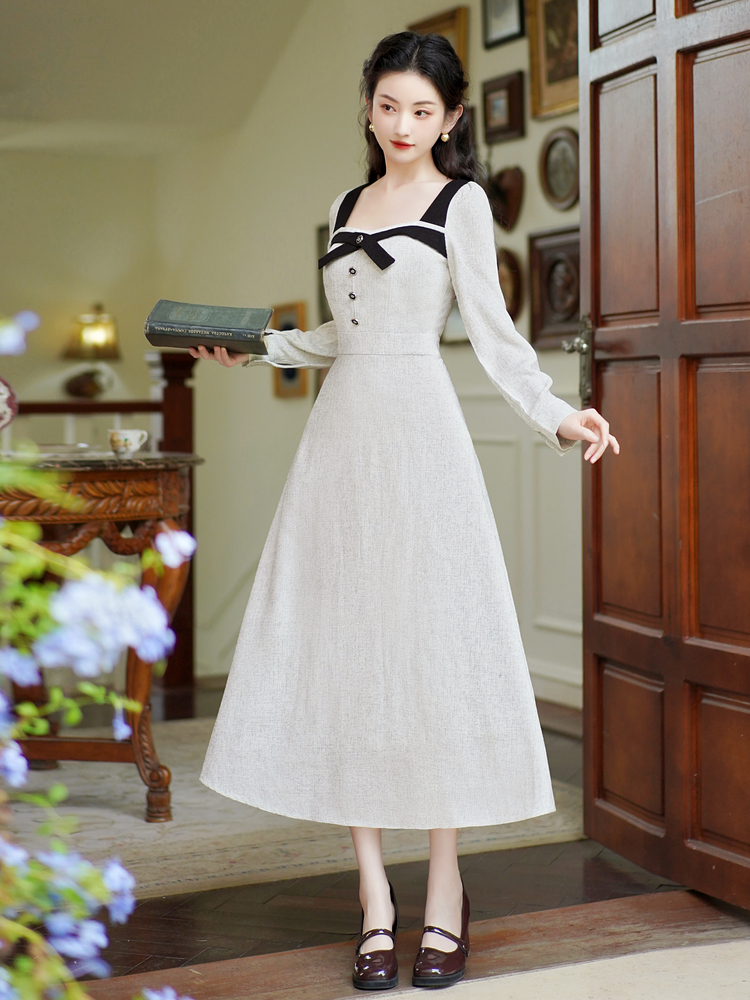 French Style Bow A-Line Long Sleeve Dress - Style 80e8de - Image 3