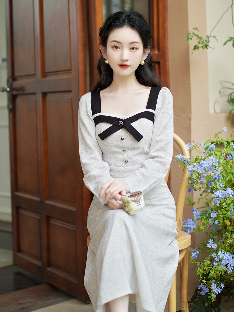 French Style Bow A-Line Long Sleeve Dress - Style 80e8de - Image 4