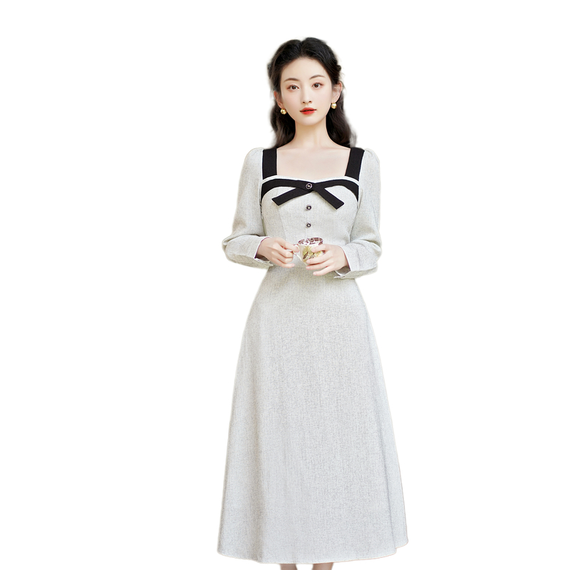 French Style Bow A-Line Long Sleeve Dress - Style 80e8de - Image 5