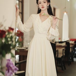 French Style V-Neck Cinched Waist Pleated Long Dress - Style 3effe1