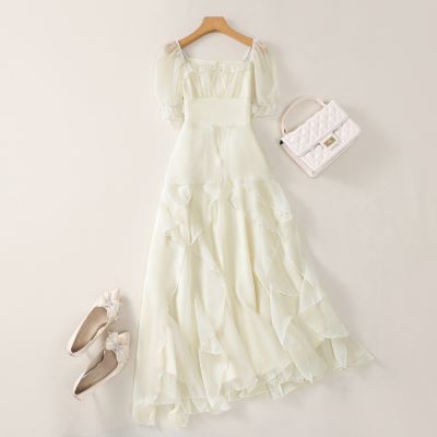 High Waist A-Line Long Dress with Square Neck and Puff Sleeves - Image 2