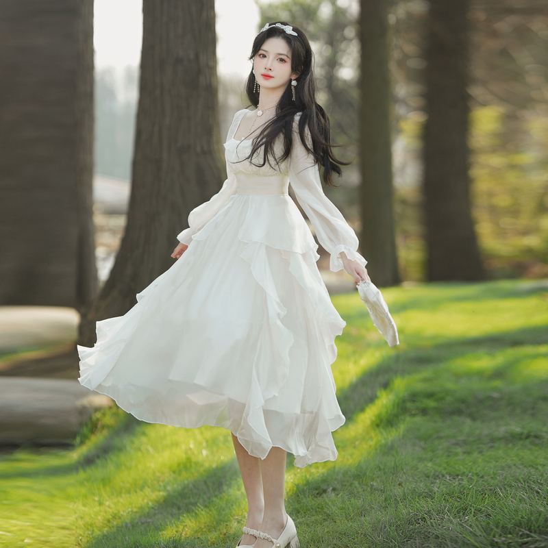 High Waist A-Line Long Dress with Square Neck and Puff Sleeves - Image 3