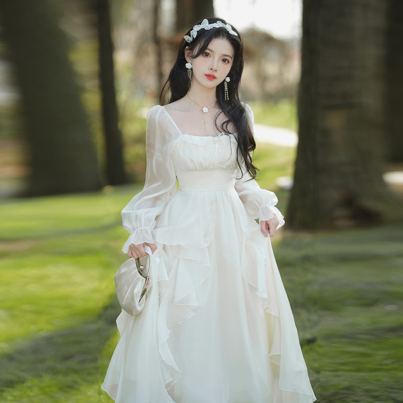 High Waist A-Line Long Dress with Square Neck and Puff Sleeves - Image 4