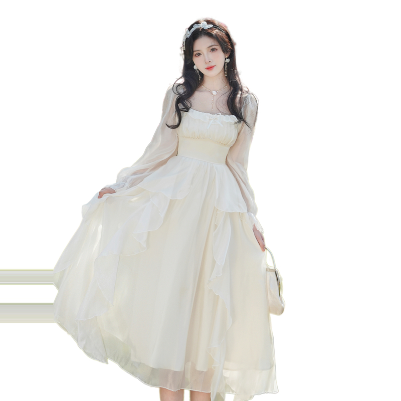 High Waist A-Line Long Dress with Square Neck and Puff Sleeves - Image 5