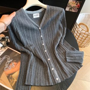 Korean Loose Fit Knit Cardigan with Ruffle V-Neck and Textured Sheer Look for Early Fall Women