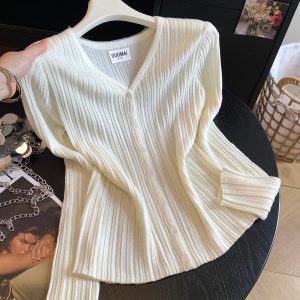Korean Relaxed Knit Cardigan with Ruffle V-Neck and Textured Sheer Look for Early Fall Layering