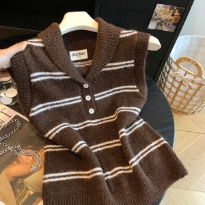 Korean Minimalist Striped Collar Single Button Knit Vest - Style 5a5ca1