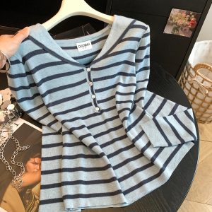 Korean Striped Sailor Collar Knit Long Sleeve T-Shirt Women Fall Top