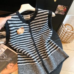 Korean Striped Sleeveless Knit Vest with Cartoon Doll Detail