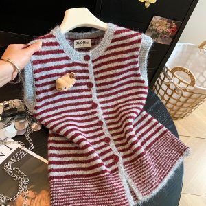 Early Autumn Korean Striped Round Neck Sleeveless Vest Cute Cartoon Doll Soft Versatile Casual Top Vest Women