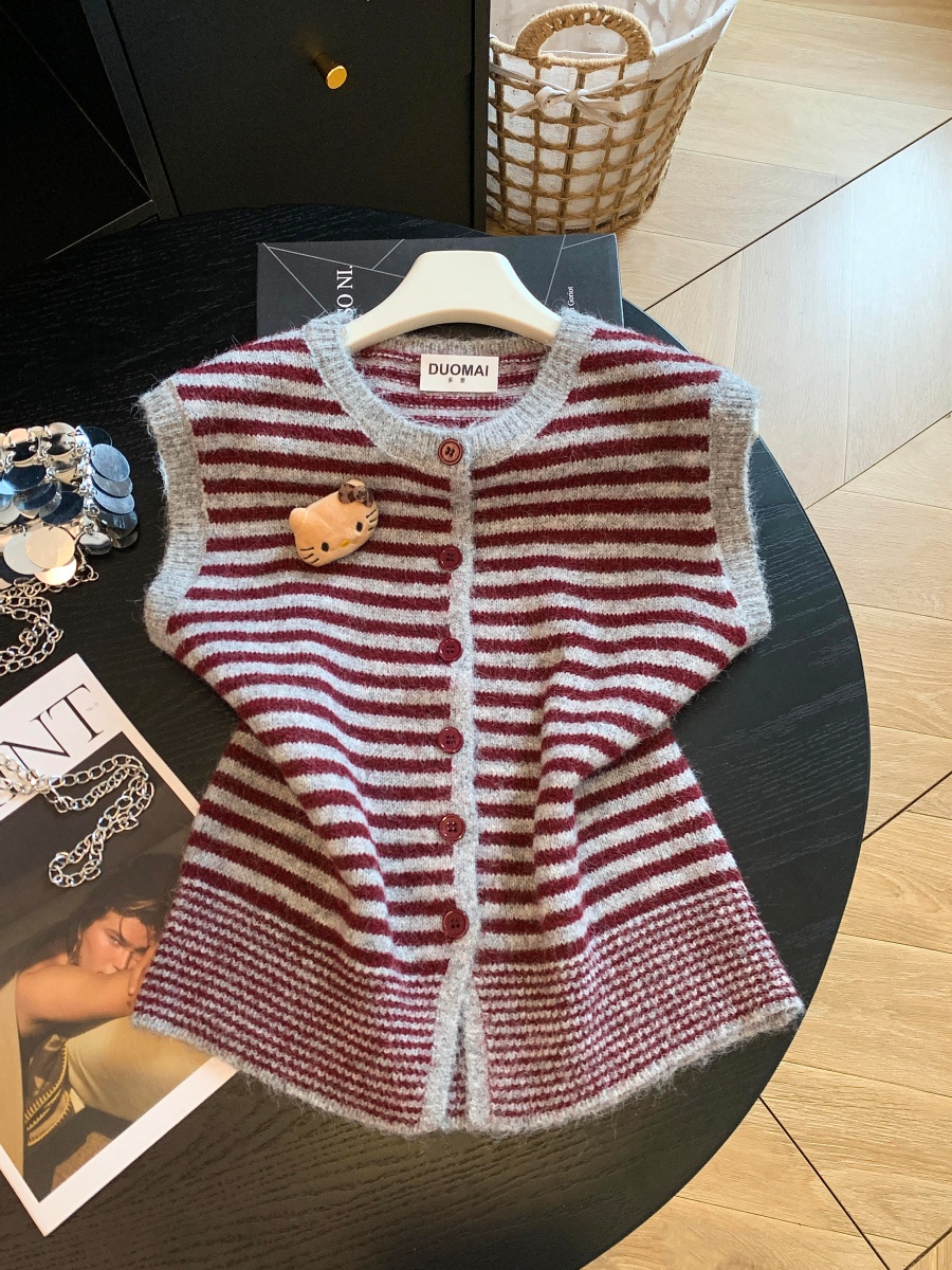 Early Autumn Korean Striped Round Neck Sleeveless Vest Cute Cartoon Doll Soft Versatile Casual Top Vest Women - Image 4