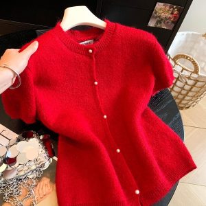 Korean Style Layered Oil Painting Red Bead Button Soft Short Sleeve Knit Cardigan Women Early Autumn Warm Sweater