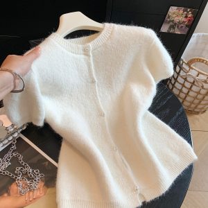 Korean Style Layered Oil Painting Red Bead Button Soft Short Sleeve Cardigan Women Early Autumn Warm Knit Outerwear