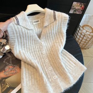 Korean Style V-Neck Ribbed Knit Vest with Contrast Trim and Buttons for Layering Fall New - Style 2cf16a