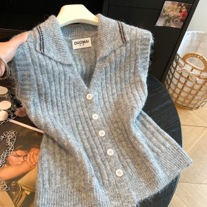 Korean Style V-Neck Ribbed Knit Vest with Contrast Trim and Buttons for Layering Fall New - Style 2cf17a