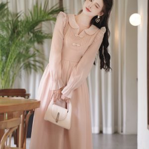 Light Pink Tencel Long Sleeve A-Line Dress with Doll Collar and Button Details