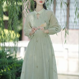 New Chinese Style Embroidered Knit Long Cheongsam Dress