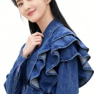 New Korean Style Ruffled Slim Fit V Neck Denim Jacket for Women