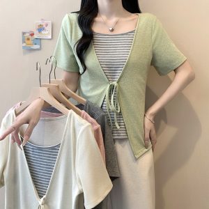 Plus Size Colorblock Striped Faux Two-Piece Lace-Up Short Sleeve Top Summer 2026