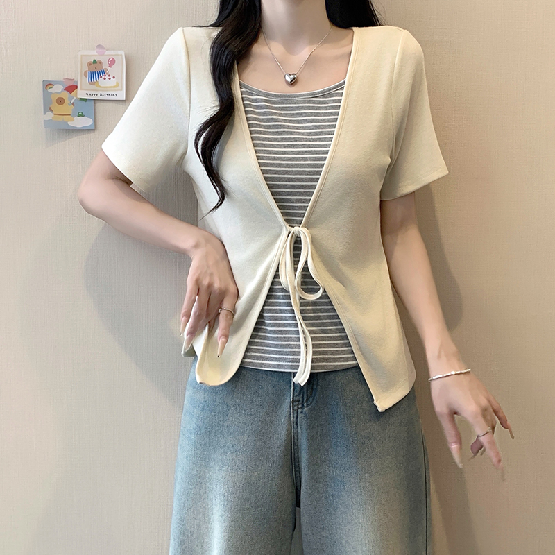 Plus Size Color Block Striped Faux Two Piece Lace Up Short Sleeve Top Summer 2026 - Image 5