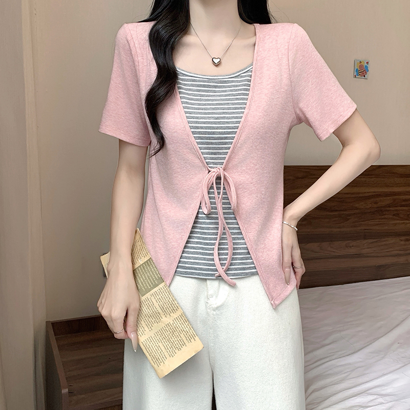 Plus Size Color Block Striped Faux Two Piece Lace Up Short Sleeve Top Summer 2026 - Image 3