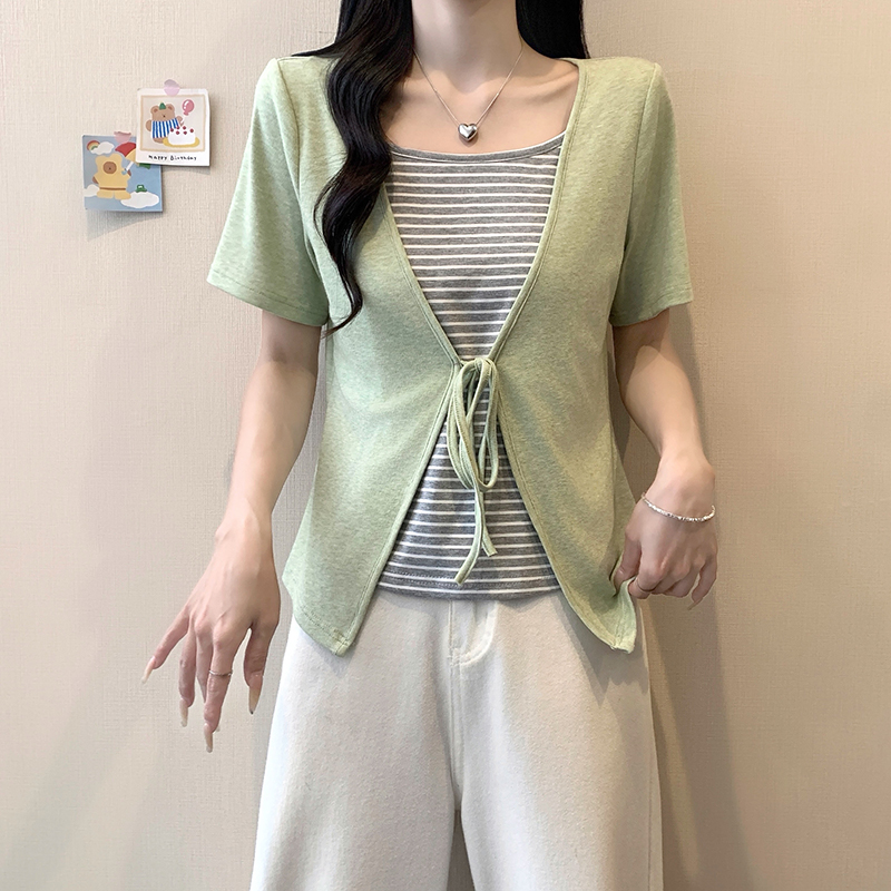 Plus Size Color Block Striped Faux Two Piece Lace Up Short Sleeve Top Summer 2026 - Image 2