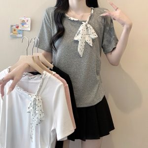 Plus Size Polka Dot Tie Waist Short Sleeve T-Shirt Summer 2026