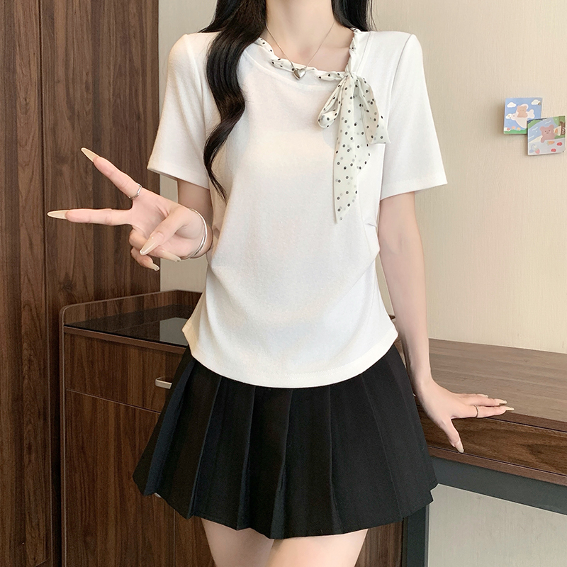2026 Summer Plus Size Women's Polka Dot Tie Waist Short Sleeve T-Shirt - Image 3