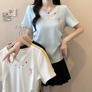 Plus Size Sweet Cartoon Print Cinched Waist Curved Short Sleeve T-Shirt Summer 2026