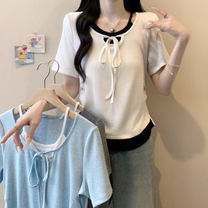 Plus Size Women Color Block Faux Two Piece Cinched Waist Curved Hem Short Sleeve T-Shirt Summer 2026