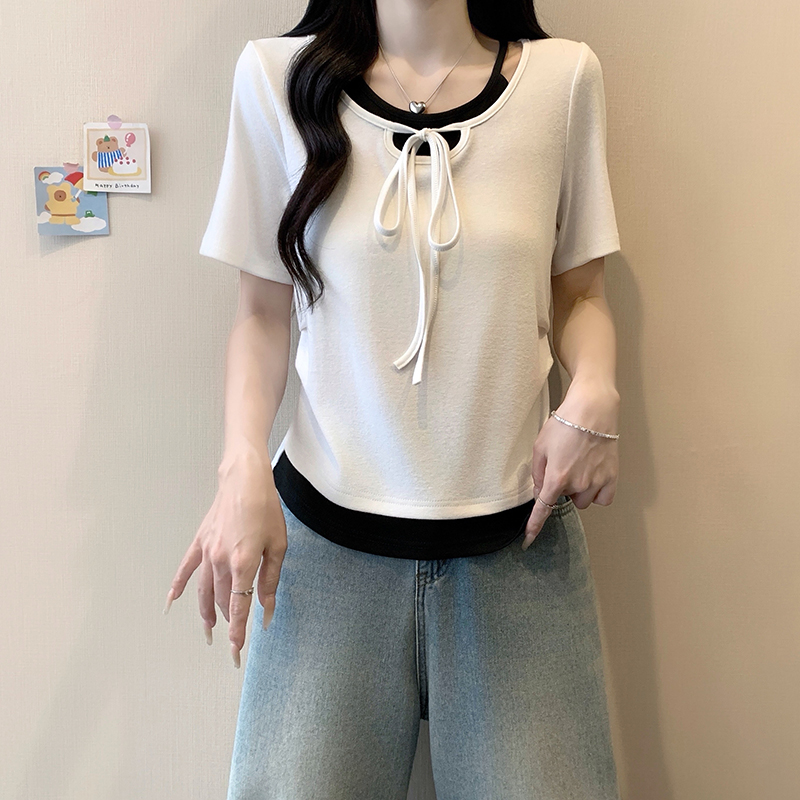 Plus Size Women Color Block Faux Two Piece Cinched Waist Curved Hem Short Sleeve T-Shirt Summer 2026 - Image 4
