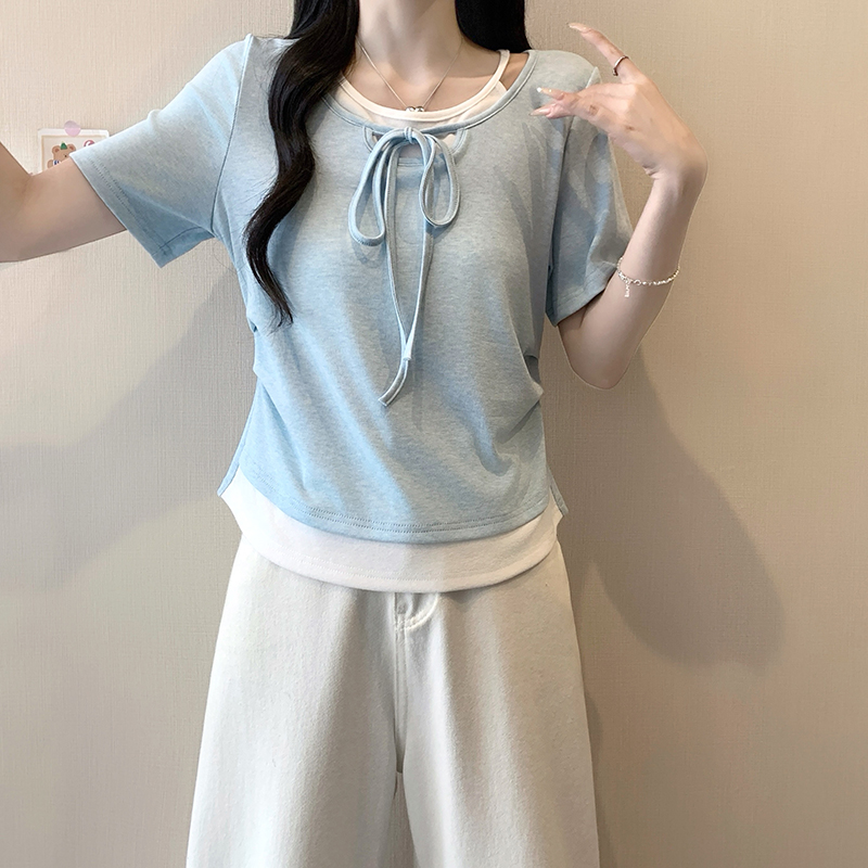 Plus Size Women Color Block Faux Two Piece Cinched Waist Curved Hem Short Sleeve T-Shirt Summer 2026 - Image 5